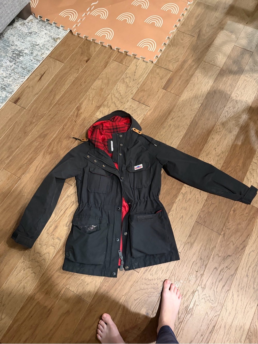 Penfield Black Jacket with Red Plaid Trim